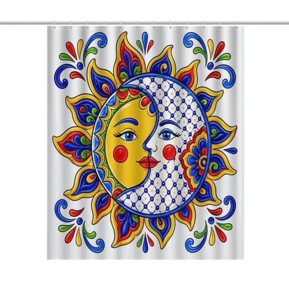 GooTPa Shower Curtain ,Talavera Sun Moon Faces Bathroom Shower Curtain, Waterproof Fabric Shower Curtain with Hooks