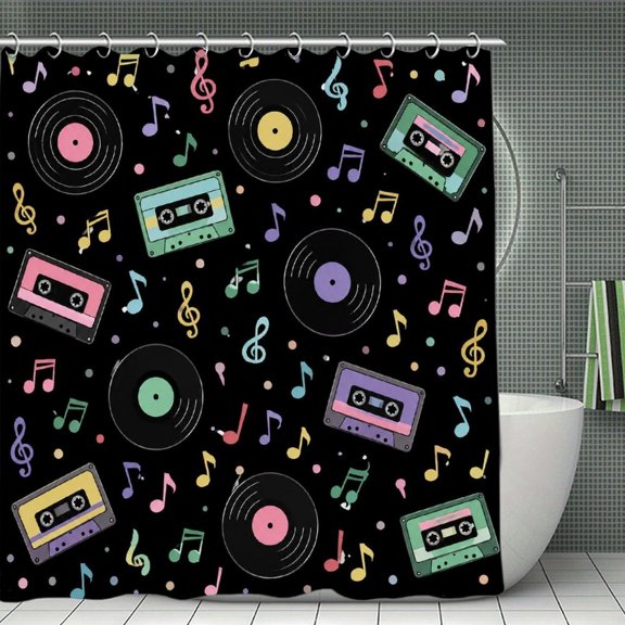 GooTPa Shower Curtain ,Vinyl Cassettes Music Notes Retro Pattern Bathroom Shower Curtain, Waterproof Fabric Shower Curtain with Hooks