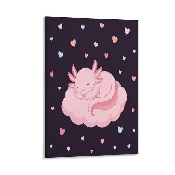 GooTPa Sleeping Axolotl Cloud Dream Canvas Wall Art Framed Painting, Modern Home Decor Print for Living Room Bedroom Office Wall Decoration