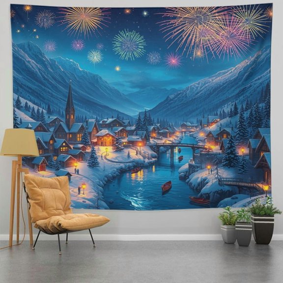 GooTPa Snow-Capped Mountain Town Tapestry, Christmas New Year Fireworks Theme Wall Art for Bedroom, Living Room, Dorm, or Apartment Decor - 60x50in