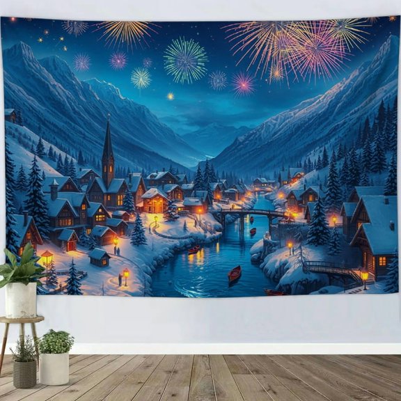 GooTPa Snow-Capped Mountain Town Tapestry, Christmas New Year Fireworks Theme Wall Art for Bedroom, Living Room, Dorm, or Apartment Decor - 90x60in