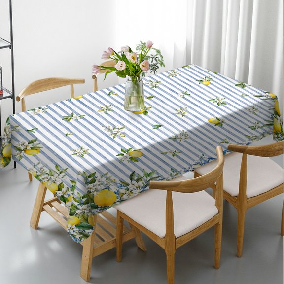 GooTPa Striped Lemon Scattered Layout Print Rectangle Tablecloth, Holiday-Themed Design 2D Flat Printing, Striped Lemon Scattered Layout