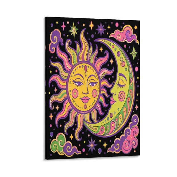 GooTPa Sun Moon Celestial Faces Canvas Wall Art Framed Painting, Modern Home Decor Print for Living Room Bedroom Office Wall Decoration