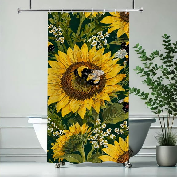 GooTPa Sunflower Bumblebee Garden Waterproof Shower Curtain Polyester Shower Curtain with Hooks for Chic Elegant Home Bathtub Bathroom Decor Washable