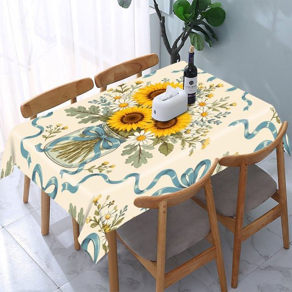 GooTPa Sunflower Daisy Mason Jar Bouquet Rectangle Dining Tablecloth, Polyester Tablecloths Rectangle Dining Tablecloth, Ideal for Kitchen Picnic Party