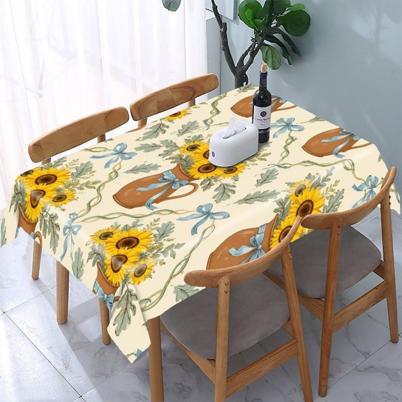 GooTPa Sunflower Pitcher Blue Ribbon Pattern Rectangle Dining Tablecloth, Polyester Tablecloths Rectangle Dining Tablecloth, Ideal for Kitchen Picnic Party
