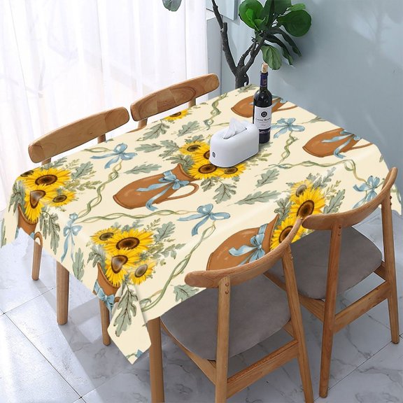 GooTPa Sunflower Pitcher Blue Ribbon Pattern Rectangle Dining Tablecloth, Polyester Tablecloths Rectangle Dining Tablecloth, Ideal for Kitchen Picnic Party