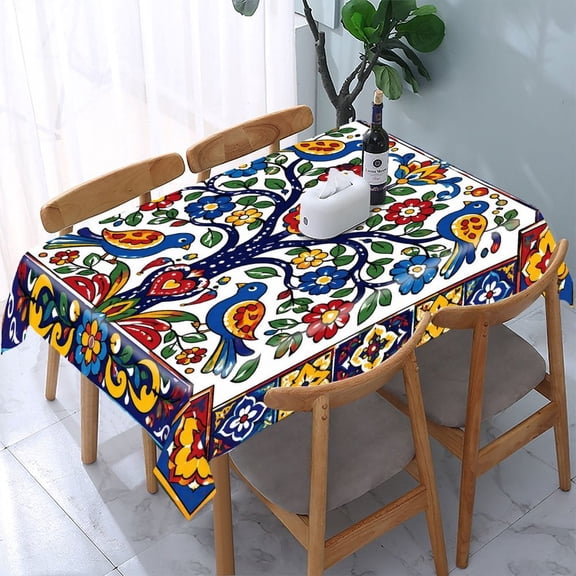 GooTPa Talavera Tree Of Life Birds Rectangle Dining Tablecloth, Polyester Tablecloths Rectangle Dining Tablecloth, Ideal for Kitchen Picnic Party