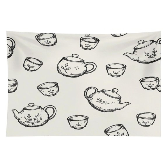 GooTPa Tea Set Sketch Pattern Polyester Wall Tapestry Anti Wrinkle Art Hanging Decor for Bedroom Living Room Home Holiday Decoration Gift