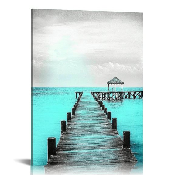 GooTPa Teal Blue Ocean Beach Canvas Wall Art, Canvas Prints Wall Art for Living Room Bathroom Bedroom Office, Art Print Painting for Home Decorations - 16x20in