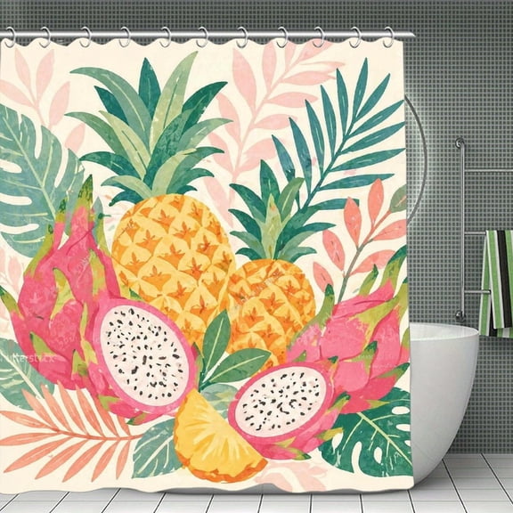 GooTPa Tropical Pineapple And Dragon Fruit Print Shower Curtain, Cloth Fabric Waterproof Polyester Bathroom Home Decor Set with Hooks 70.8×70.8Inch