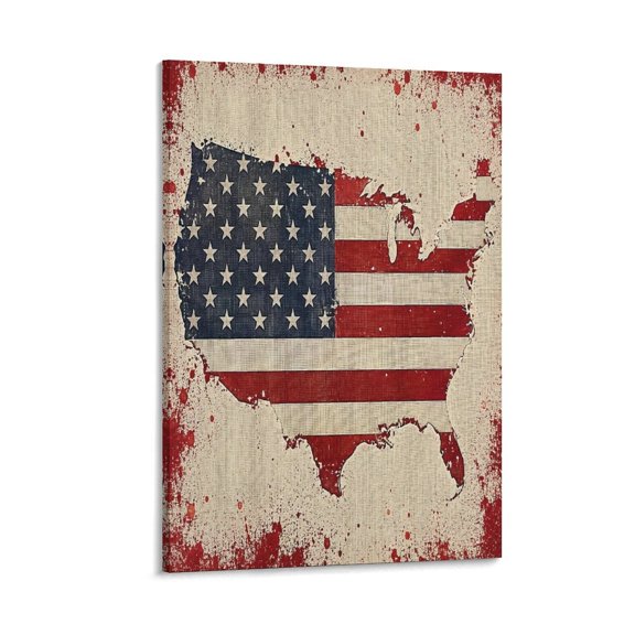GooTPa USA Map Outline Stars Stripes Fabric Canvas Wall Art Framed Painting, Modern Home Decor Print for Living Room Bedroom Office Wall Decoration