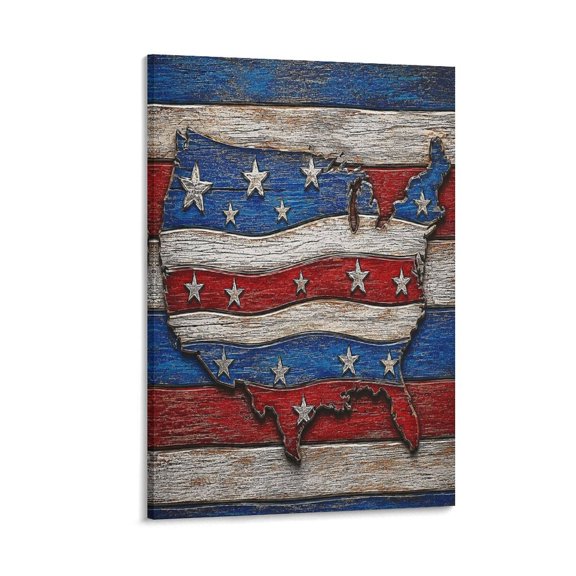 GooTPa Usa Map Carved Wooden Flag Art Canvas Wall Art Framed Painting, Modern Home Decor Print for Living Room Bedroom Office Wall Decoration
