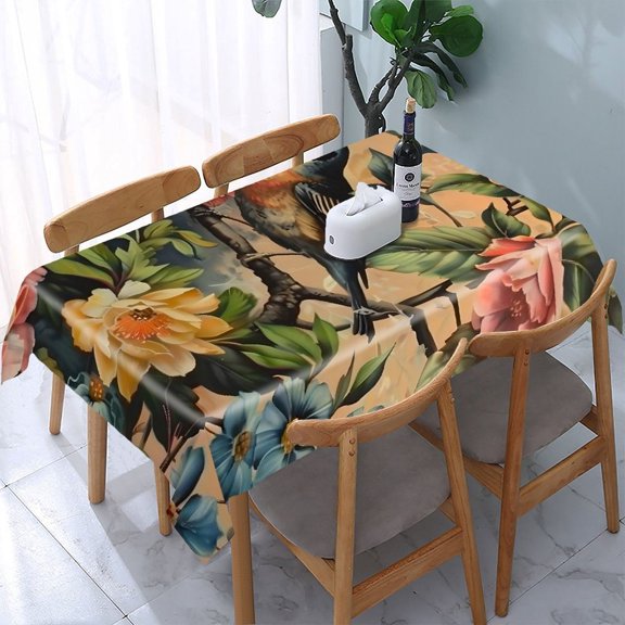 GooTPa Vintage Bird Pink Flowers Rectangle Dining Tablecloth, Polyester Tablecloths Rectangle Dining Tablecloth, Ideal for Kitchen Picnic Party