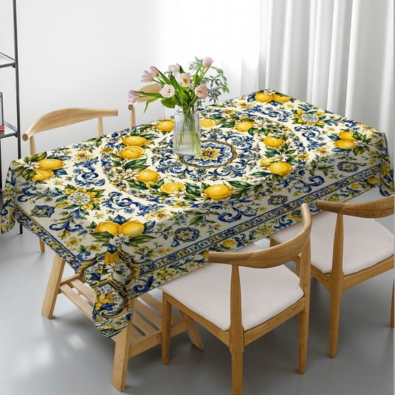 GooTPa Vintage Lemon Flower Wreath Gold Scrollwork Rectangle Tablecloth, Polyester Tablecloths - Holiday-Themed Design Rectangle Tablecloth, Ideal for Kitchen Picnic Party