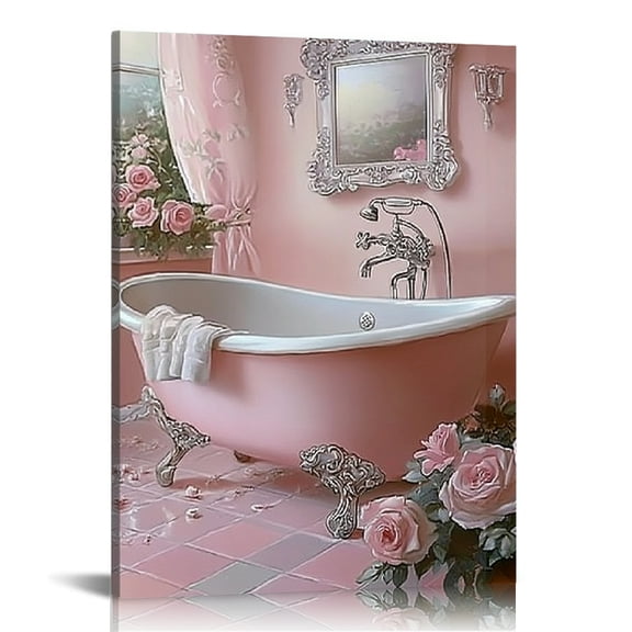 GooTPa Vintage Pink Bathtub Canvas Wall Art, Canvas Prints Wall Art for Living Room Bathroom Bedroom Office, Art Print Painting for Home Decorations - 12x16in