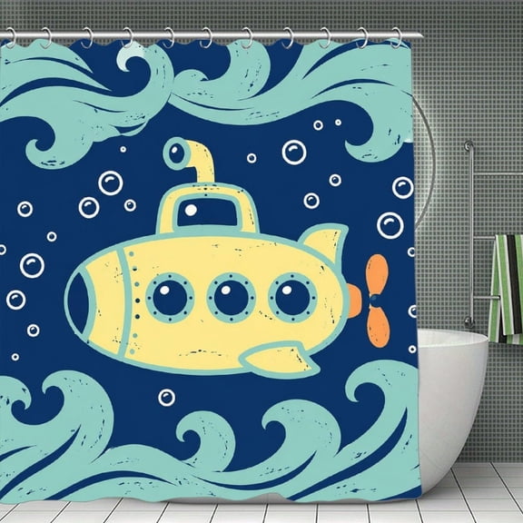 GooTPa Vintage Yellow Submarine In Ocean Print Shower Curtain, Cloth Fabric Waterproof Polyester Bathroom Home Decor Set with Hooks 70.8×70.8Inch