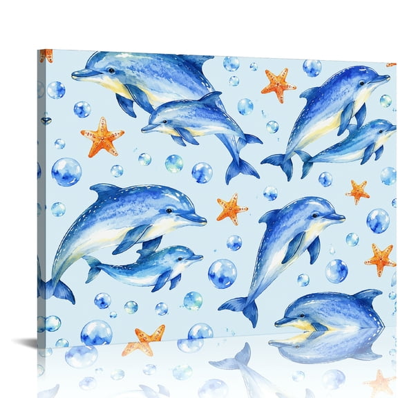 GooTPa Watercolor Dolphin Family With Starfish And Bubbles Bathroom Wall Art, Modern Wall Decor, Wall Art Canvas Print Bathroom Bedroom Kitchen Hallway Wall Decor Prints