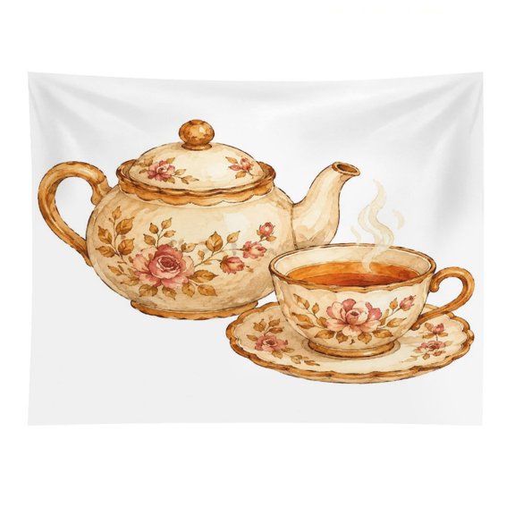 GooTPa Watercolor Rose Tea Set Polyester Wall Tapestry Anti Wrinkle Art Hanging Decor for Bedroom Living Room Home Holiday Decoration Gift