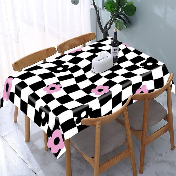 GooTPa Wavy Checkerboard With Pink Flowers Rectangle Dining Tablecloth, Polyester Tablecloths Rectangle Dining Tablecloth, Ideal for Kitchen Picnic Party