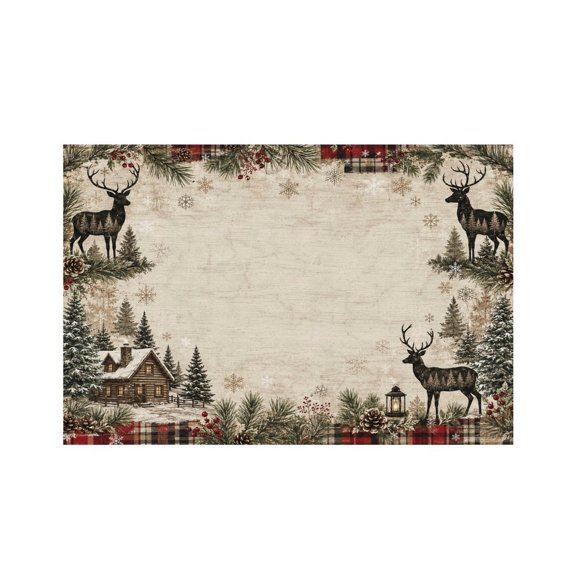 GooTPa Woodland Cabin Deer Winter Lodge Linen Placemats 30x45cm Straight Edge Stain Resistant Washable Non-Slip Table Mats Table for Kitchen Dining Room Home