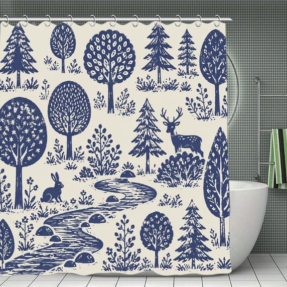 GooTPa Woodland Stream With Deer And Rabbit Print Shower Curtain, Cloth Fabric Waterproof Polyester Bathroom Home Decor Set with Hooks 70.8×70.8Inch