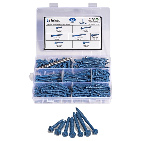 Goobetter 220PCS Concrete Screws Kit & 2 Drill Bits, Hex Head Masonry Screws Assortment, Carbon Steel for Brick/Wall