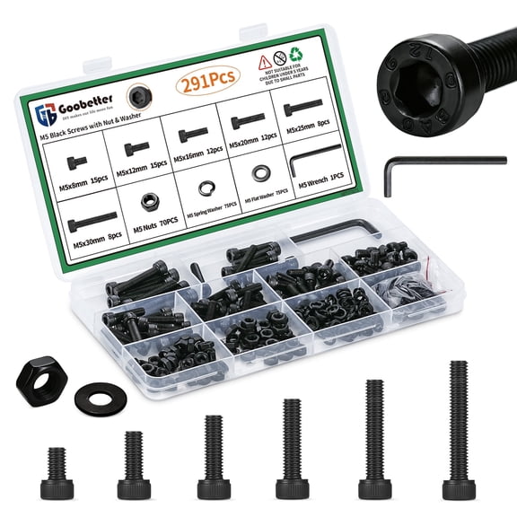 Goobetter 291PCS M5 x (8/12/16/20/25/30mm) Screw Kit, Hex Socket Head Cap Screws with Nuts and Washers, 12.9 Grade Alloy Steel, Suitable for M5 Bolts Projects