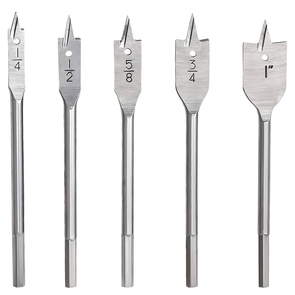 Goobetter 5 Pcs Spade Wood Drill Bit Set 1/4-1'',Carbon Steel,Flat Paddle Bits for Wood Working with Storage Case