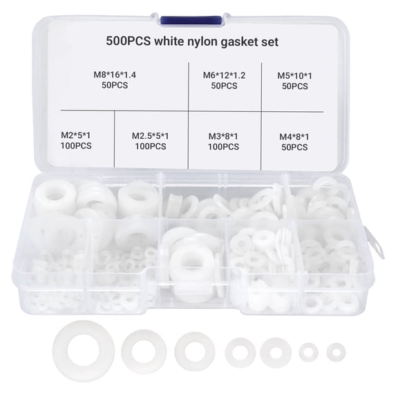 Goobetter 500 Pcs Nylon Flat Washers for Screws Bolts,7 Sizes(M2-M8) White Plastic Washers Assortment Set for Household & Commercial