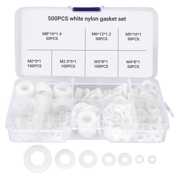 Goobetter 500 Pcs Nylon Flat Washers for Screws Bolts,7 Sizes(M2-M8) White Plastic Washers Assortment Set for Household & Commercial