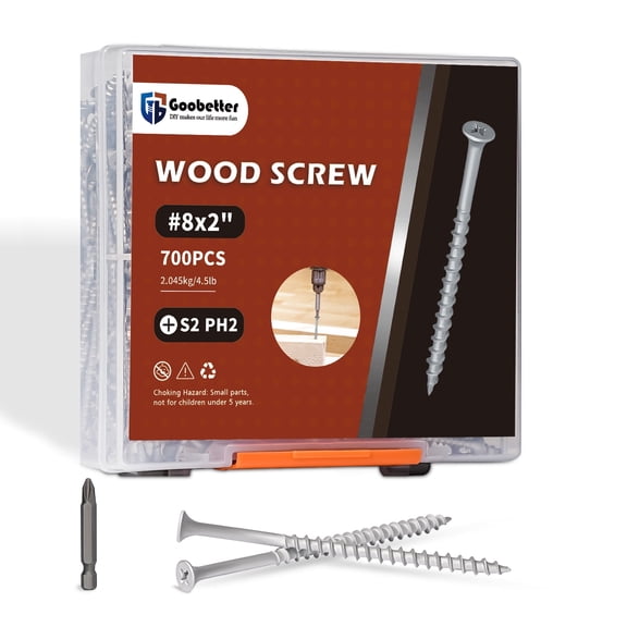 Goobetter Wood Screws 2 Inch,700pcs #8 x 2 Flat Head Phillips Self-Drilling Wood Screws,S2 PH2 Phillips Drill Bit Included,Carbon Steel,Rust Resistant