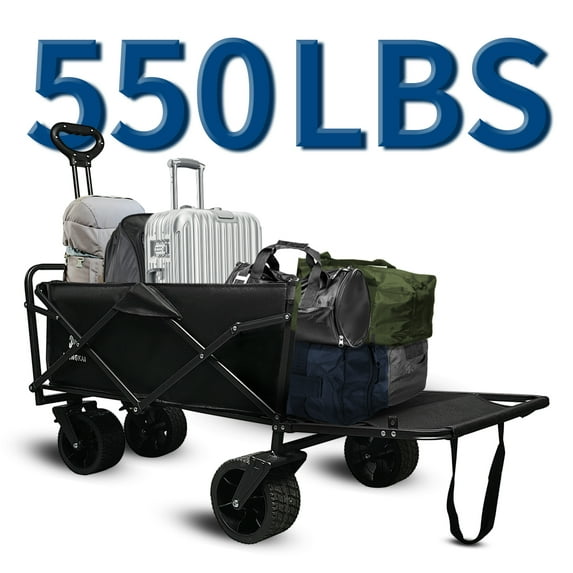 Goobetter Collapsible Beach Wagon Cart with Big Wheels 550lbs Weight Capacity, 300L Heavy Duty Folding Utility Wagon for Sports Groceries Fishing Camping Sand with Cargo Net