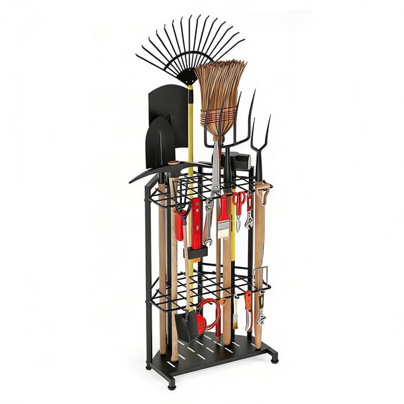 Goobetter Garden Tool Organizer for Corner,Heavy Duty Metal Yard Tool Tower Rack with 34 Slots & 14 Hooks,Garage Organization Storage for Long-Handled Tools for Garden,Shed,Yard