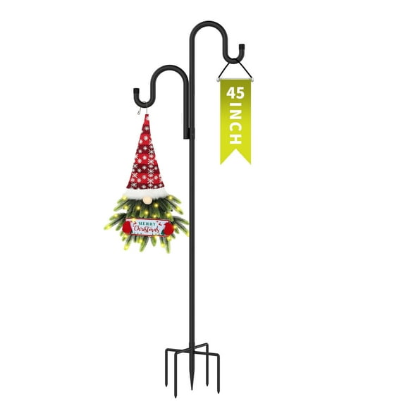 Goobetter Double Shepherds Hooks for Outdoor, Bird Feeder Pole with 5 Prongs Base, Heavy Duty Garden Hook for Lantern, Wind Chime and Hummingbird Feeder, 45 Inch, 1 Pack