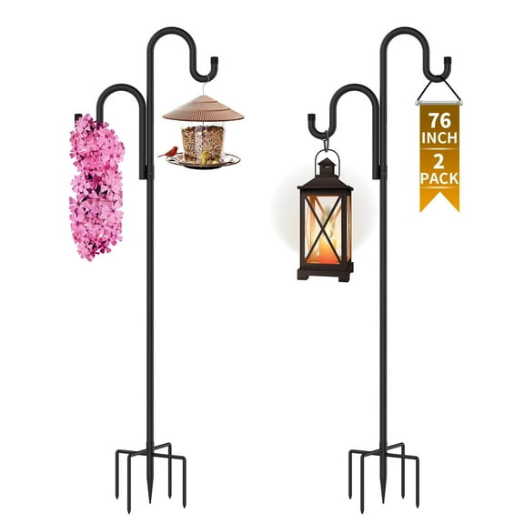 Goobetter Double Shepherds Hooks for Outdoor, Bird Feeder Pole with 5 Prongs Base, Heavy Duty Garden Hook for Lantern, Wind Chime and Hummingbird Feeder, 76 Inch, 2 Pack