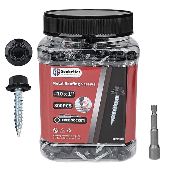 Goobetter Metal Roofing Screws 10 x 1 Galvanized Hex Head Sheet Metal Screws, Metal to Wood Siding Screws, Self Tapping Screw with EPDM Washer for Corrugated Roofing (Black-300Pcs)