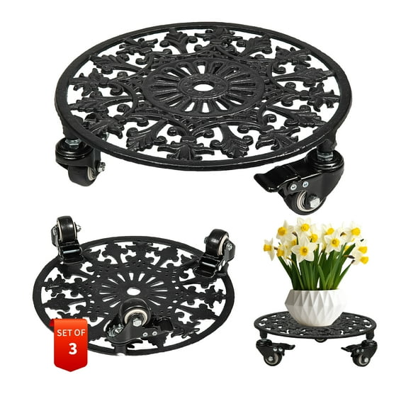 Goobetter Rolling Plant Stand with Wheels,3pcs 11in Heavy Duty Metal Plant Caddy with Wheels,Load Capacity 330 lbs,Black