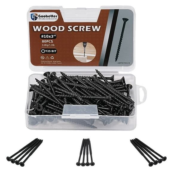 Goobetter Deck Screws 3 Inch, Wood Screws #10 x 3, 80PCS Exterior Wood Screws, Torx Star Flat Head Screws, Fence Construction Screws, Rust Resistant Epoxy Coated, T25 Bit Included, Black