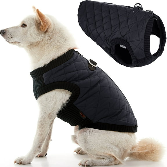 Gooby Fashion Vest - Black, Large - Quilted Bomber Jacket with Leash Attachment and Pain-Free Zipper Guard for Dogs - Water Resistant with Stretchable Knitted Bottom for Indoor and Outdoor Use