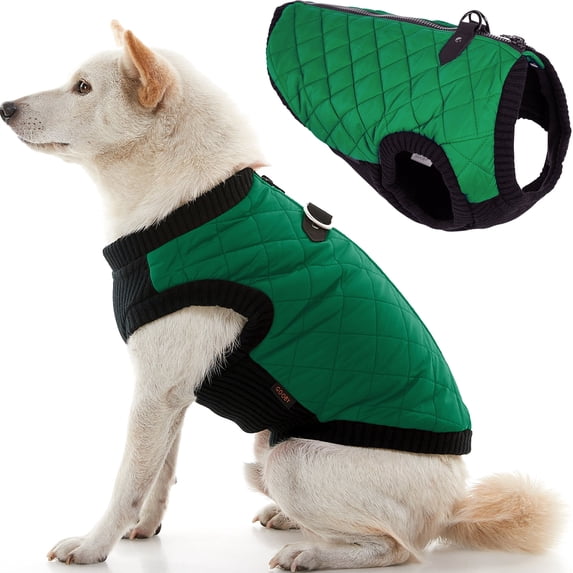 Gooby Fashion Vest - Green, Small - Quilted Bomber Jacket with Leash Attachment and Pain-Free Zipper Guard for Dogs - Water Resistant with Stretchable Knitted Bottom for Indoor and Outdoor Use