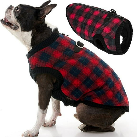 Gooby Fashion Vest - Red Check, Small - Small Dog Sweater Bomber Dog Jacket Coat with D Ring and Zipper Closure