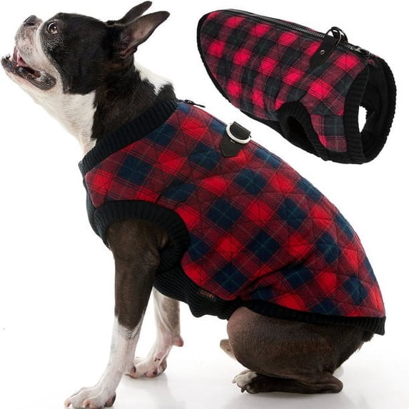 Gooby Fashion Vest - Red Check, X-Small - Small Dog Sweater Bomber Dog Jacket Coat with D Ring and Zipper Closure