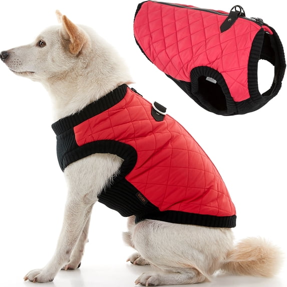 Gooby Fashion Vest - Red, X-Small - Quilted Bomber Jacket with Leash Attachment and Pain-Free Zipper Guard for Dogs - Water Resistant with Stretchable Knitted Bottom for Indoor and Outdoor Use