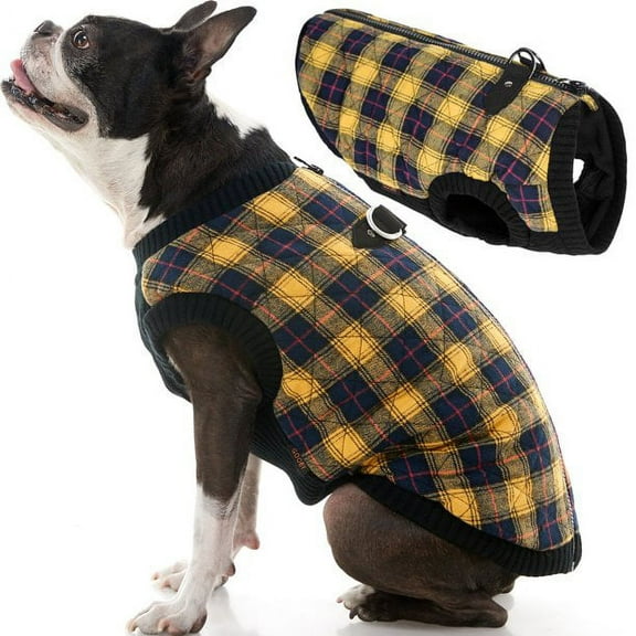 Gooby Fashion Vest - Yellow Check, Medium - Small Dog Sweater Bomber Dog Jacket Coat with D Ring and Zipper Closure