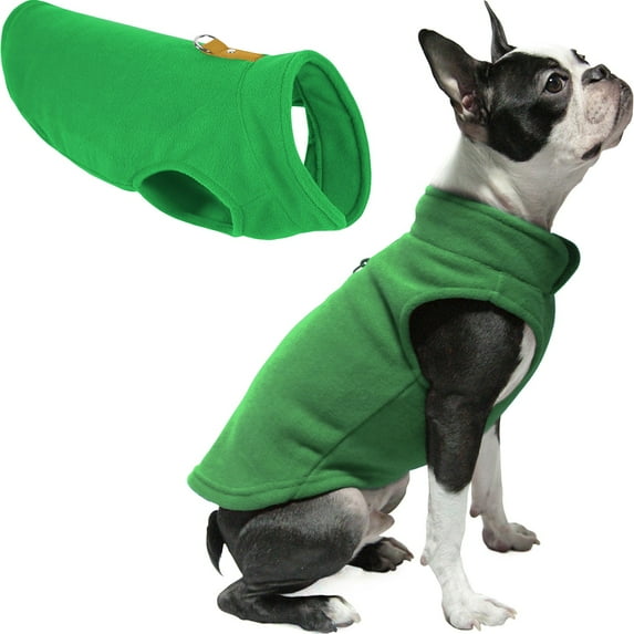 Gooby Fleece Vest - Green, Large - Warm Pullover Fleece Dog Jacket with O-Ring Leash for Small Dogs