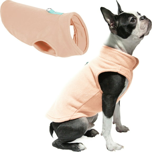Gooby Fleece Vest - Peach, Medium - Warm Pullover Fleece Dog Jacket with O-Ring Leash for Small Dogs
