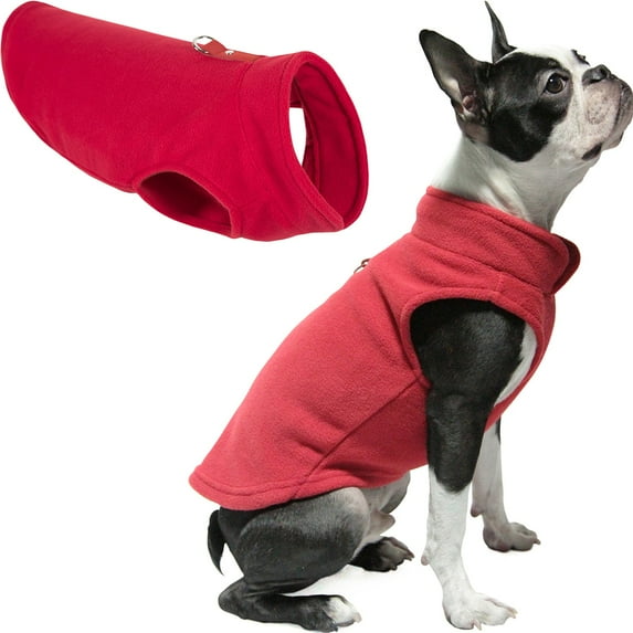 Gooby Fleece Vest - Red, Large - Warm Pullover Fleece Dog Jacket with O-Ring Leash for Small Dogs