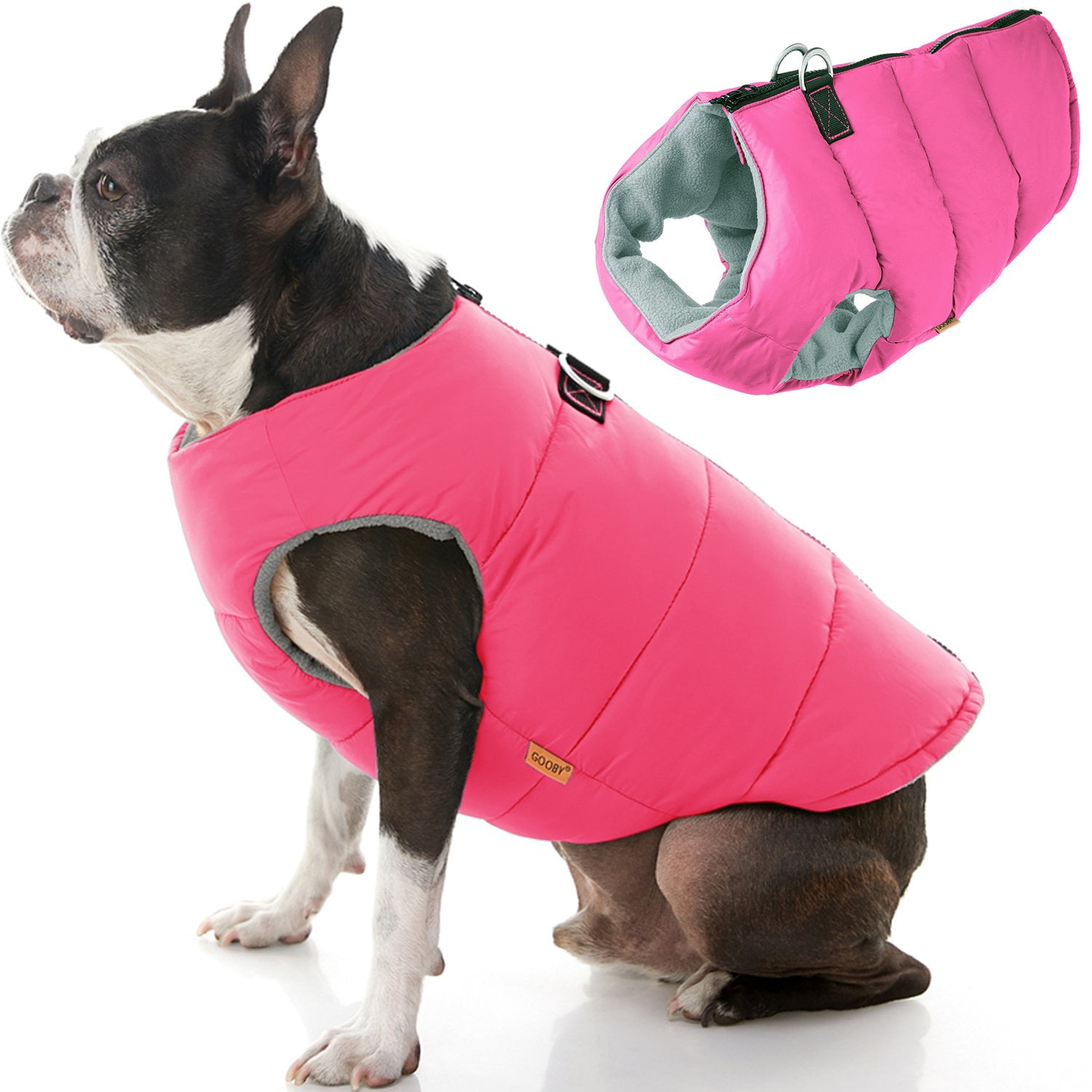 Gooby Padded Vest Dog Jacket - Solid Pink, Small - Warm Zip Up Dog Vest Fleece Jacket with Dual D Ring Leash Water Resistant Small Dog Sweater