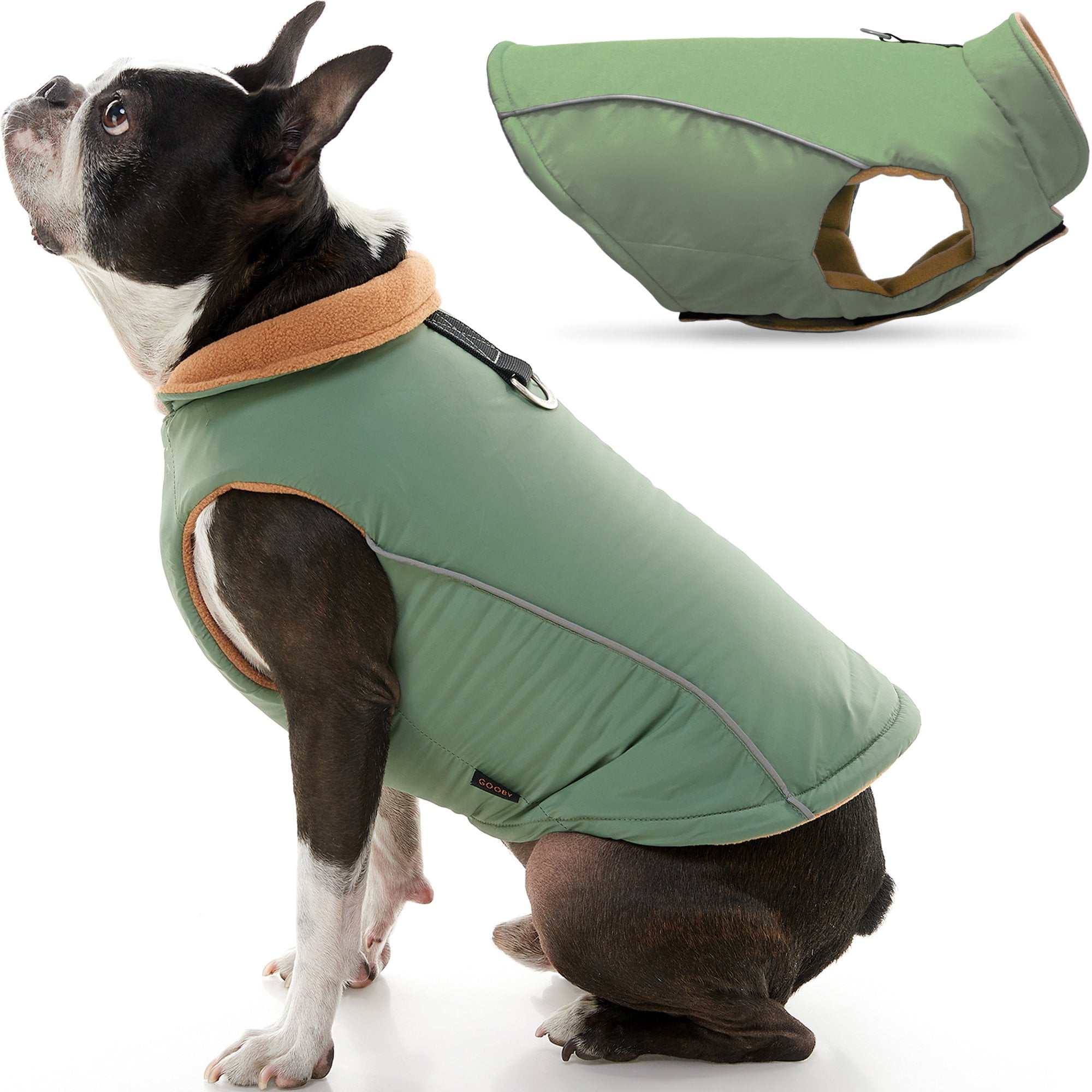 Gooby Sports Dog Vest - Green, Medium - Fleece Lined Dog Jacket Coat with D Ring Leash - Reflective Vest Small Dog Sweater, Hook and Loop Closure - Dog Clothes for Small Dogs Indoor and Outdoor Use